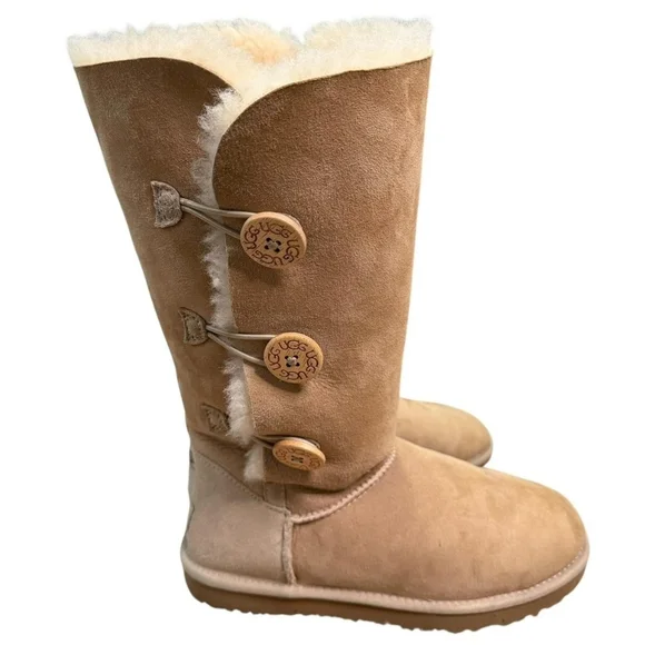 UGG Women's Beige Sheepskin Button Boots - Picture 4 of 7